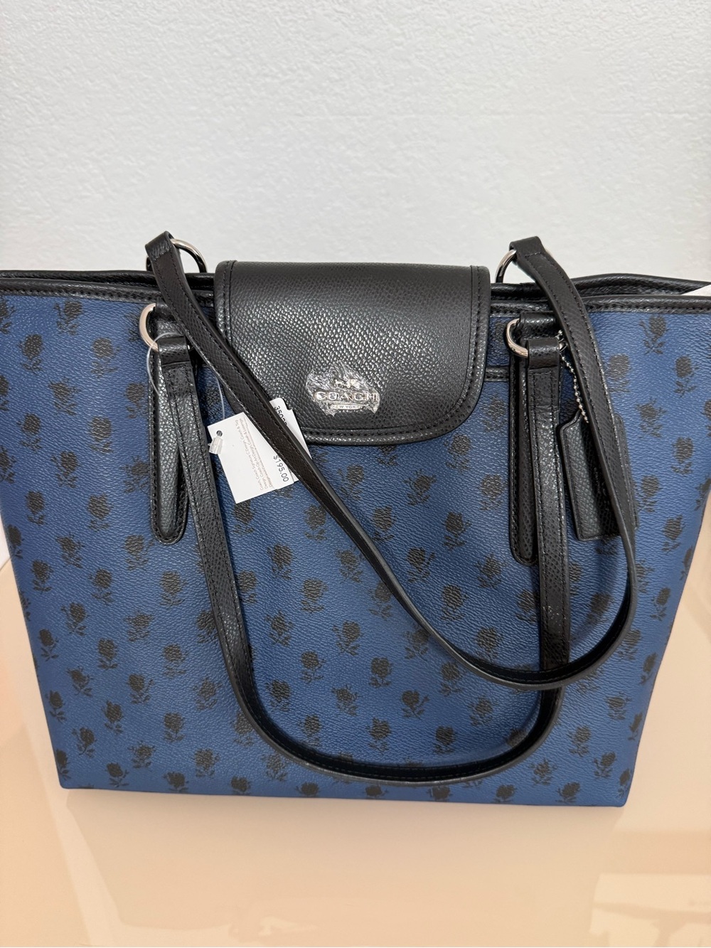 Coach Blue and Black Signature Rose Print Tote